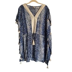 Surf Gypsy‎ Blue Snake Print Kimono Tassel Trim V Neck Tunic Cover Up M